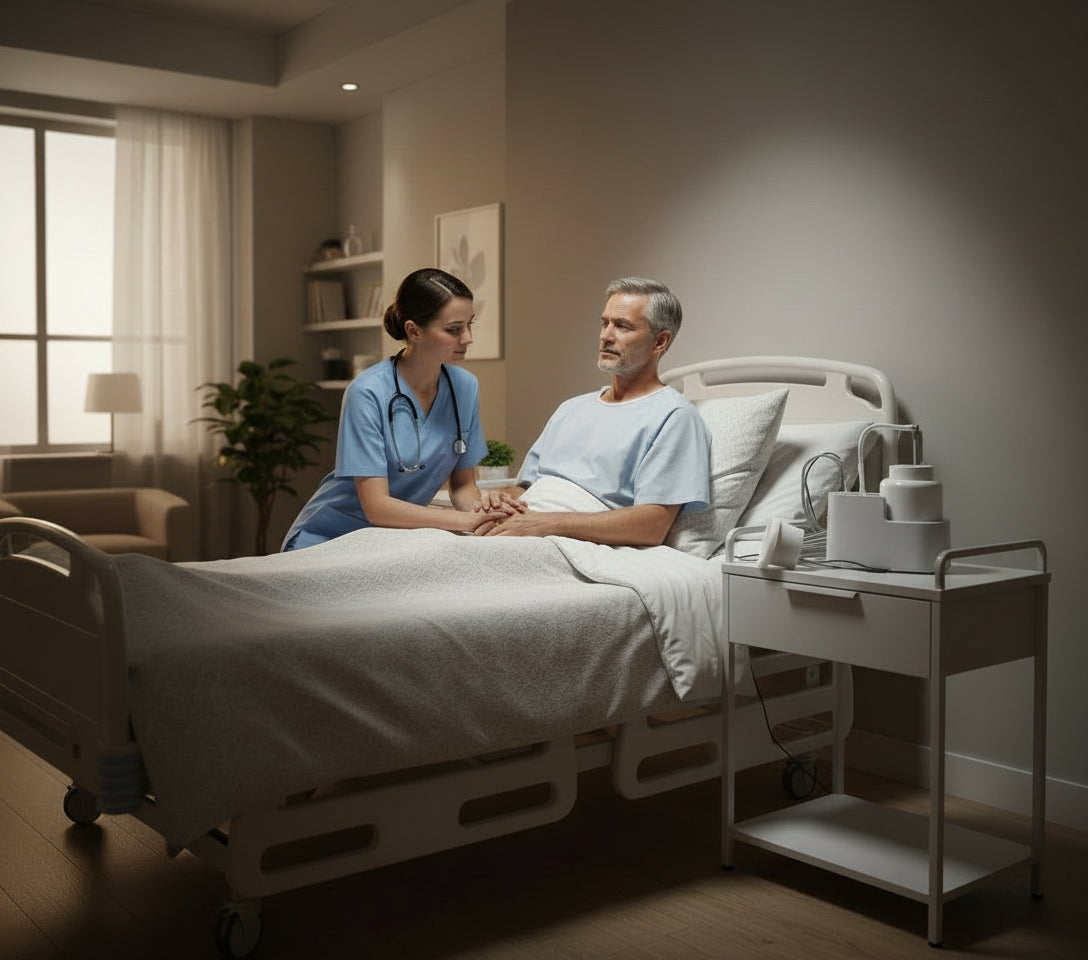 soft blue medical device on bedside table in gentle morning light, clean and calm setting
