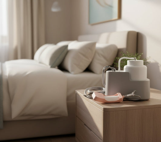 modern bedside medical device with blue and teal accents in a softly lit room