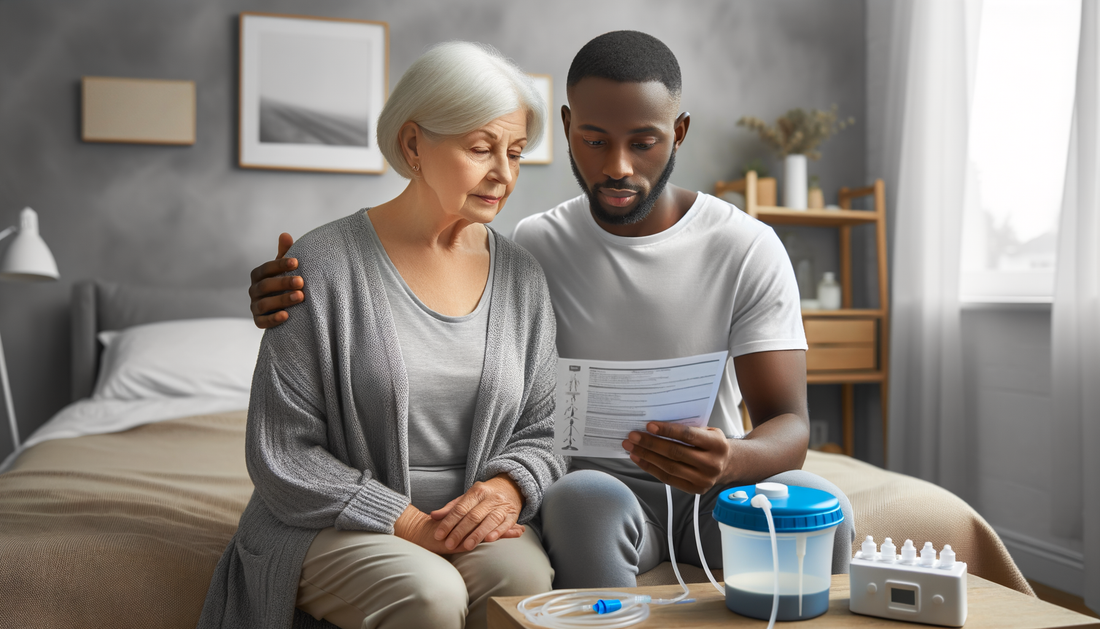 clean bedside with modern urine collection device in soft blue and teal tones