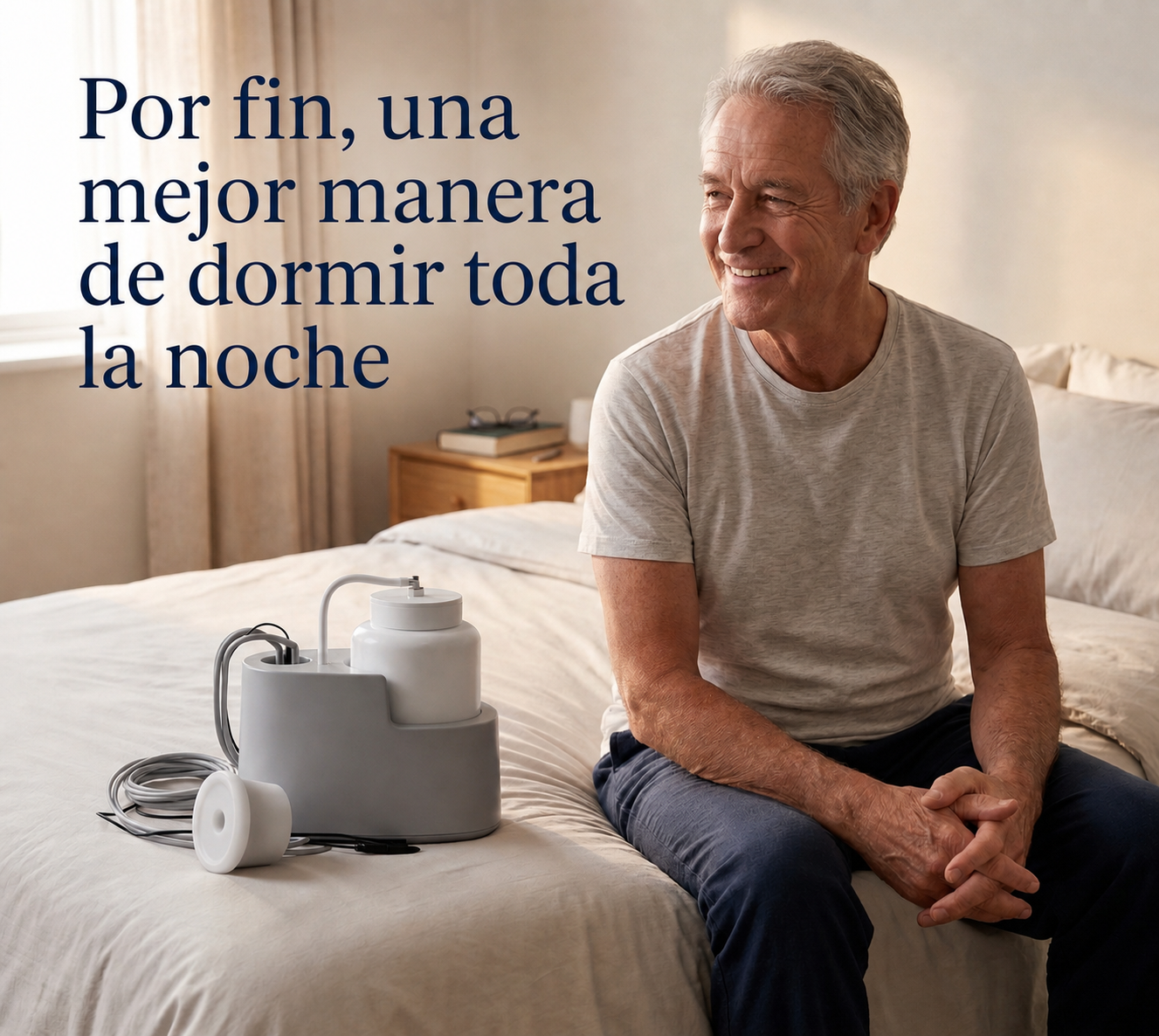 Senior man smiling beside incontinence device on bed, promoting restful sleep and comfort