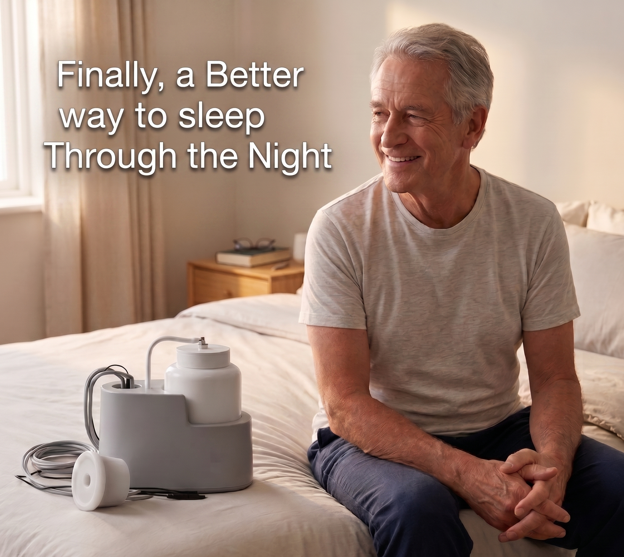 Senior man smiles beside incontinence device on bed, promoting restful sleep through the night