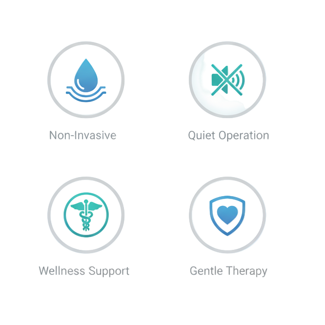 Create a clean, modern medical product diagram or logo composition that visually represents four benefits of a health device.
Use a white or very light background with soft blue and teal accents for a calm, professional, hygienic look.

The design should feature four circular icons or symbols arranged neatly (either in a row or a square layout), each with its own label and subtle visual element:

💧 Non-Invasive — Show a water droplet or gentle flow line to symbolize comfort and safety.

🔇 Quiet Operation 
